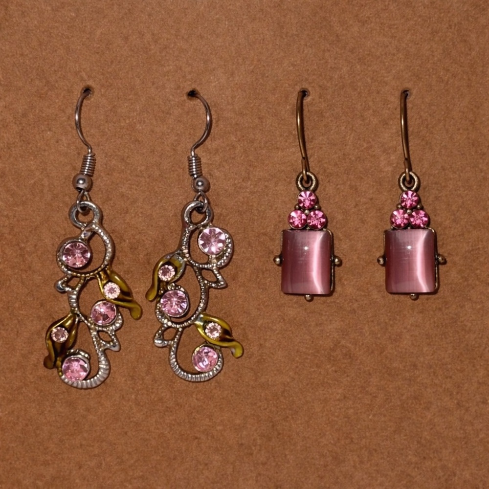 Pink Rhinestone & Gemstone Dangle Earrings Vintage Style Bundle